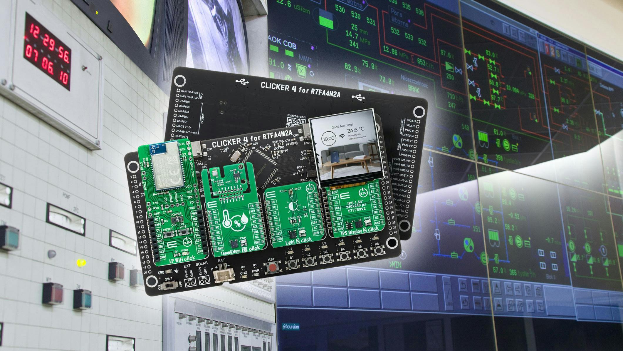 The Renesas MCU Clicker 4 dev board from MIKROE offers a wide variety of sensor and communication modules.