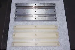 A metal workholding piece (top) made by CNC milling was replaced with a 3D-printed version (bottom) that was much less expensive and could be created in two days instead of two weeks. The printed version is also lighter and easier to handle. A metal workholding piece (top) made by CNC milling was replaced with a 3D-printed version (bottom) that was much less expensive and could be created in two days instead of two weeks. The printed version is also lighter and easier to handle.