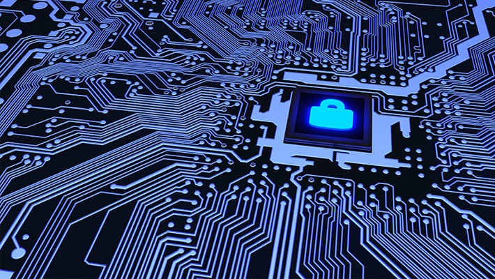 A digital interpretation of a circuitboard and a padlock.