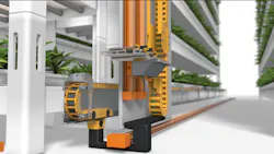 One of the critical components at Living Greens Farm is a traverse system with a 16-ft energy chain, manufactured by igus, that provides plants with a consistent supply of nutrient-rich water. One of the critical components at Living Greens Farm is a traverse system with a 16-ft energy chain, manufactured by igus, that provides plants with a consistent supply of nutrient-rich water.