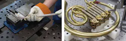 Non-marring 3D fixtures are used to make and check tubing used on a French horn, ensuring the brass will not be marked up or marred. Non-marring 3D fixtures are used to make and check tubing used on a French horn, ensuring the brass will not be marked up or marred.
