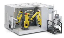Figure 3: The cell designed by KADIA with three 6-axis industrial robots for processing battery housing trays for EVs. Figure 3: The cell designed by KADIA with three 6-axis industrial robots for processing battery housing trays for EVs.