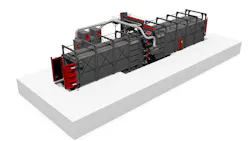 The continuous feed spinner hanger shot blast machine (L x H x W: approx. 20,000 x 6,500 x 6,000 mm) with inlet, blast, and outlet chamber, are usually equipped with 8 to 16 blast turbines. These are arranged vertically in four rows in an X pattern and offset from each other. Such a turbine arrangement ensures an excellent blast coverage on all surface sections of the steel weldments. The continuous feed spinner hanger shot blast machine (L x H x W: approx. 20,000 x 6,500 x 6,000 mm) with inlet, blast, and outlet chamber, are usually equipped with 8 to 16 blast turbines. These are arranged vertically in four rows in an X pattern and offset from each other. Such a turbine arrangement ensures an excellent blast coverage on all surface sections of the steel weldments.