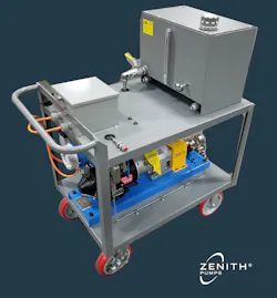 Moveable Cart using a Zenith B-9000 Series rotary positive displacement pump specifically designed for single-stream chemical duty applications. Moveable Cart using a Zenith B-9000 Series rotary positive displacement pump specifically designed for single-stream chemical duty applications.