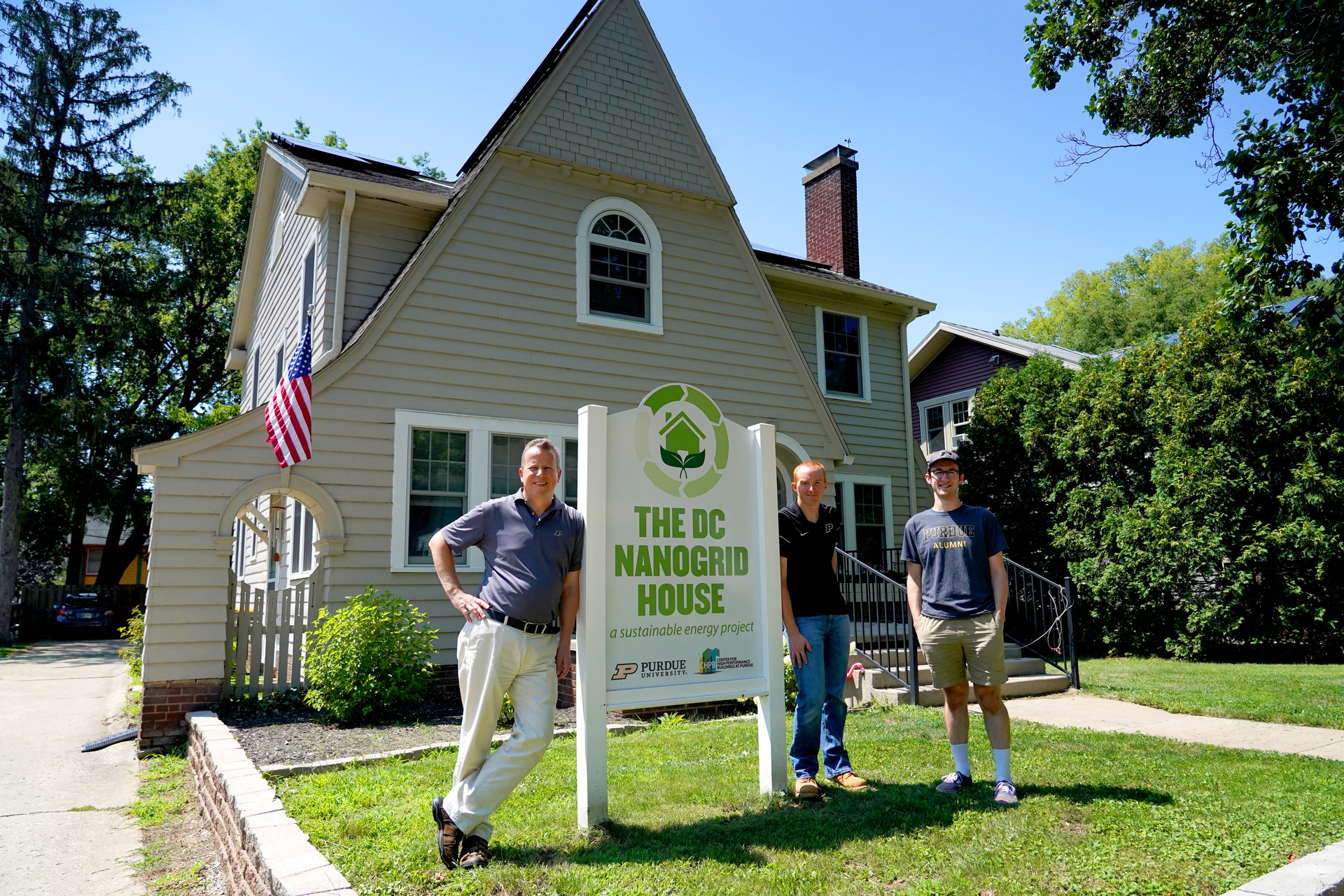 Emerson&rsquo;s Ovation software and technologies act as the &lsquo;brains&rsquo; of a 1920s-era home in West Lafayette, Indiana, that has been converted to run entirely on DC power. Graduate students live in the house full time, while Purdue researchers (from left) Eckhard Groll, Jonathan Ore, and Alex Boanta use the Ovation platform to monitor the energy efficiency of its self-contained DC nanogrid.