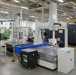The 2LK CMMs on the shop floor in the turning section at Cross Manufacturing, Devizes, England. In the foreground, senior project manager Mark Bolwell can be seen checking a finish-machined brush seal component on the Evo 15.15.10, while Dave Eldridge is inspecting a fixture on the original, 26-year-old G90C 10.10.8. The 2LK CMMs on the shop floor in the turning section at Cross Manufacturing, Devizes, England. In the foreground, senior project manager Mark Bolwell can be seen checking a finish-machined brush seal component on the Evo 15.15.10, while Dave Eldridge is inspecting a fixture on the original, 26-year-old G90C 10.10.8.