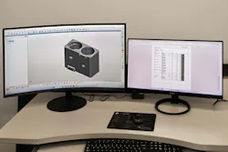 The aircraft fuel pump solid model on the screen in PolyWorks Inspector (left) and a report generated automatically by the software after CMM inspection. The aircraft fuel pump solid model on the screen in PolyWorks Inspector (left) and a report generated automatically by the software after CMM inspection.