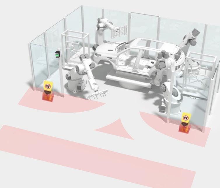 Radial AGV entries are also possible. In this case, the two RSL 400 safety laser scanners are installed linearly to the left and right of the robot cell.