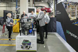 Hyzon CTO Dr. Christian Mohrdieck shows the Hyzon 200kW fuel cell system to Janelle Arena (Kangan Institute), Finn Buchhorn (Hyzon), Chris Eager (DGE Energy Solutions), and Gavin Cribb (Kangan Institute). Hyzon CTO Dr. Christian Mohrdieck shows the Hyzon 200kW fuel cell system to Janelle Arena (Kangan Institute), Finn Buchhorn (Hyzon), Chris Eager (DGE Energy Solutions), and Gavin Cribb (Kangan Institute).