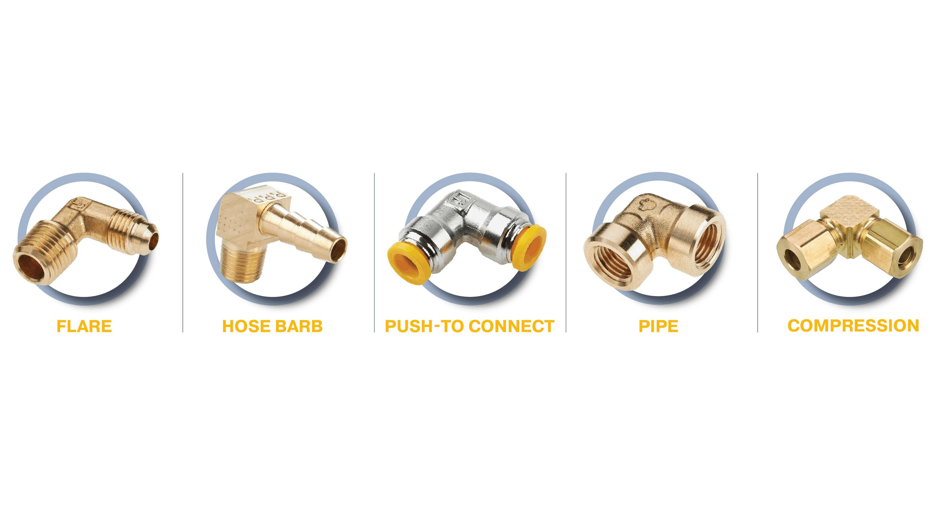 The area where the hose and fitting meet is often the weakest point choosing the right end is especially important. Fittings are commonly available in flare, hose barb, push-to-connect, pipe, and compression ends.