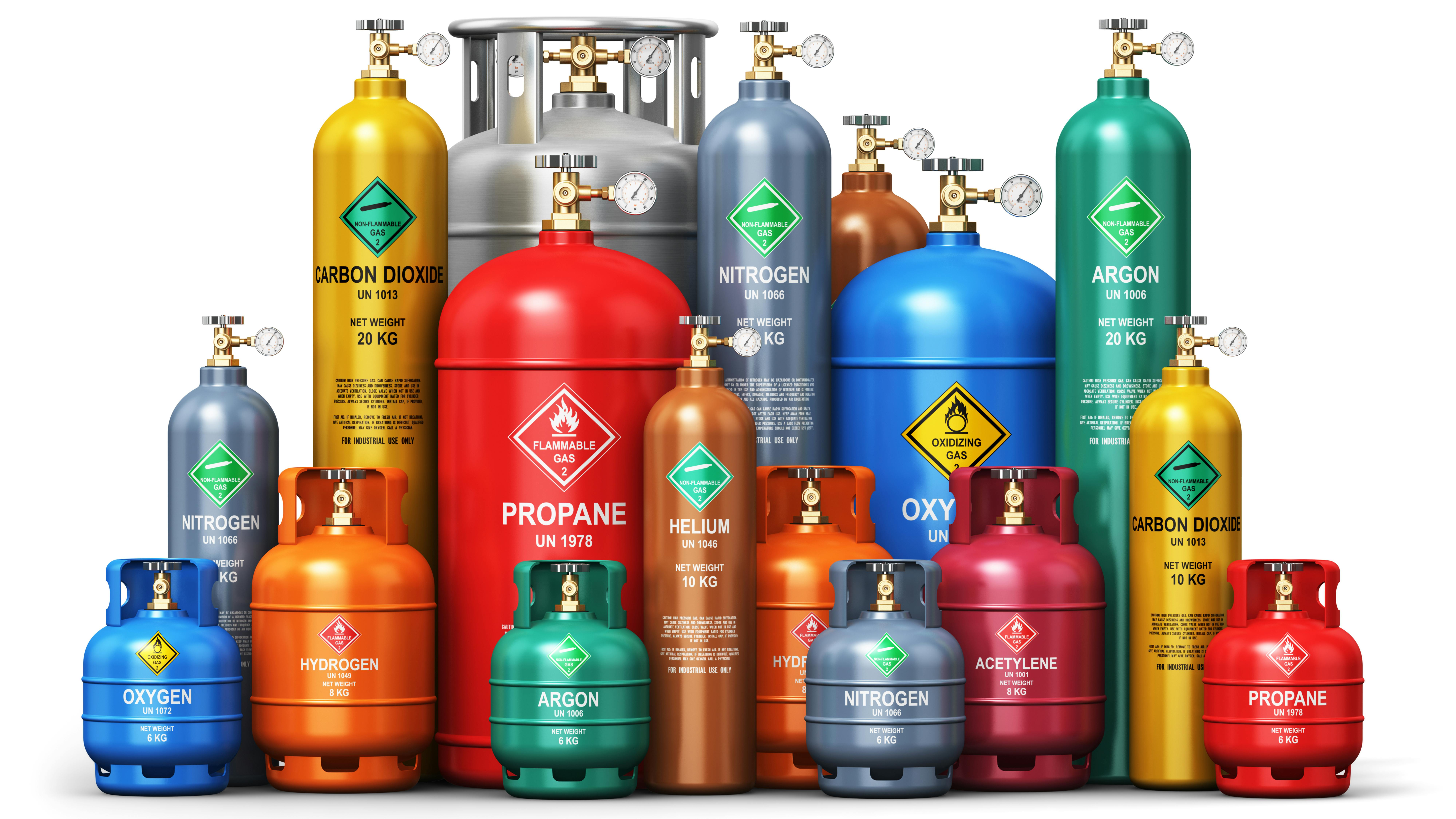 Set of different industrial liquefied gas containers