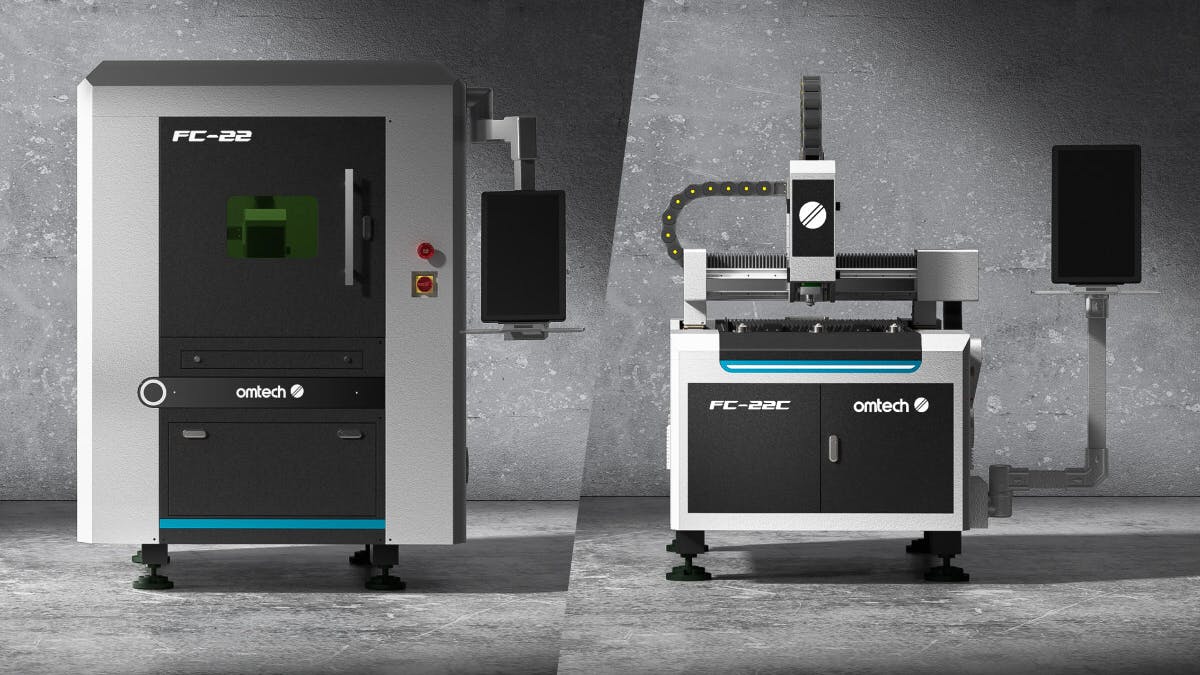 OMTech FC-22 and FC-22C metal laser cutters against a gray background