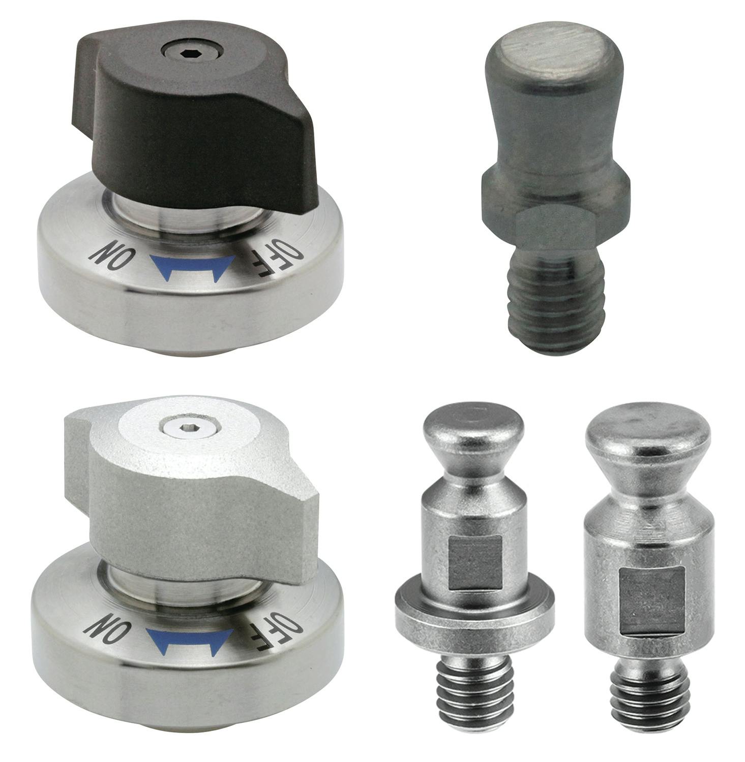 Fixtureworks QCPC, QCPCS, PCPC-M, and, QCPCS-M quarter turn pin-holding clamps on a white background.