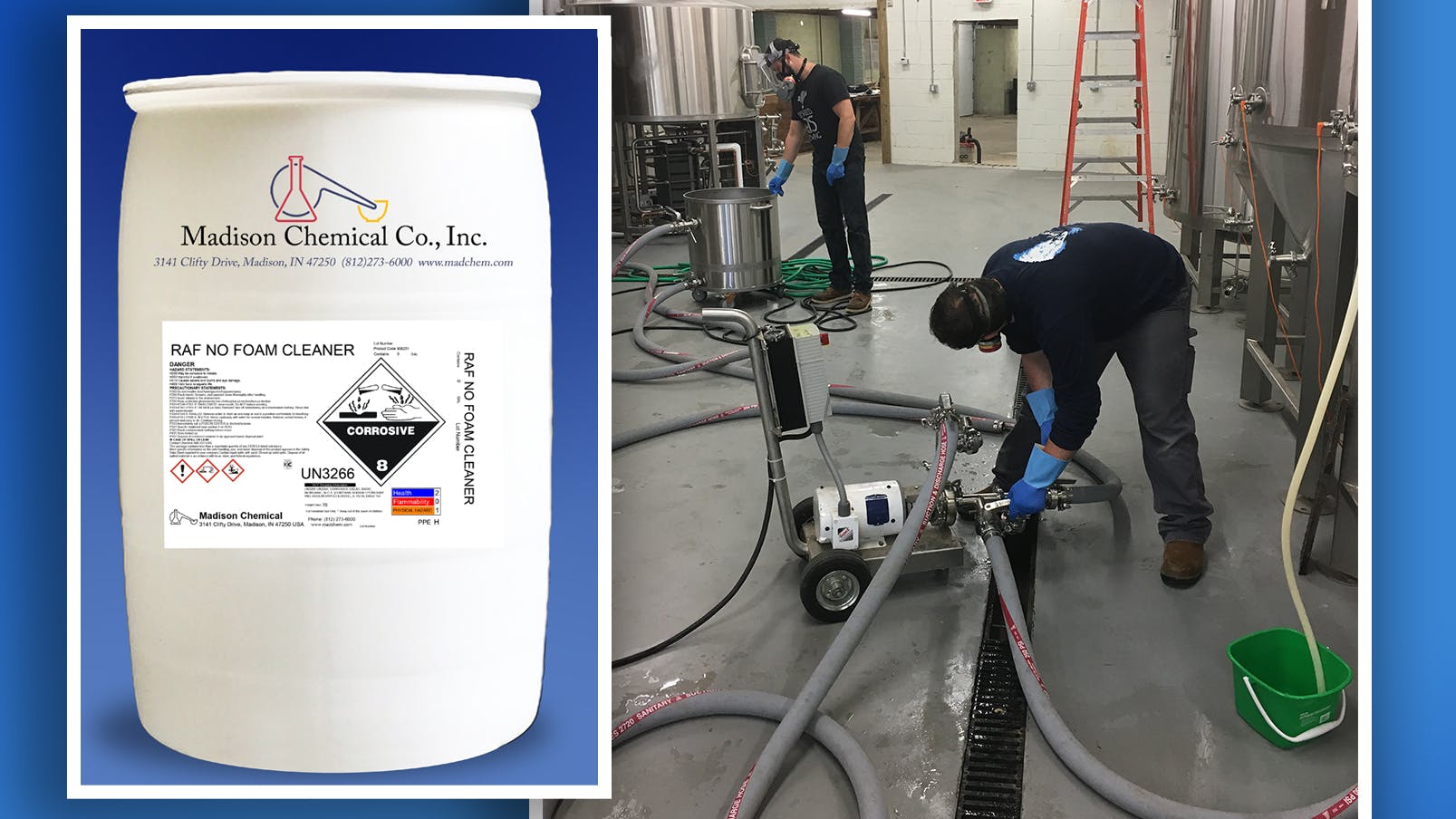 Madison Chemical RAF NO FOAM Cleaner in a bucket collaged next to a worker using it on the floor of a plant against a blue background.