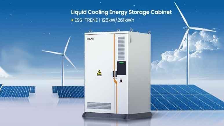 SolaX Power TRENE Energy Storage Cabinet in the sky against solar panels and windmills.