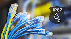 Blue and yellow RJ45 cables in a bundle against an abstract background with a black, flat IP67 rating sticker. Blue and yellow RJ45 cables in a bundle against an abstract background with a black, flat IP67 rating sticker.