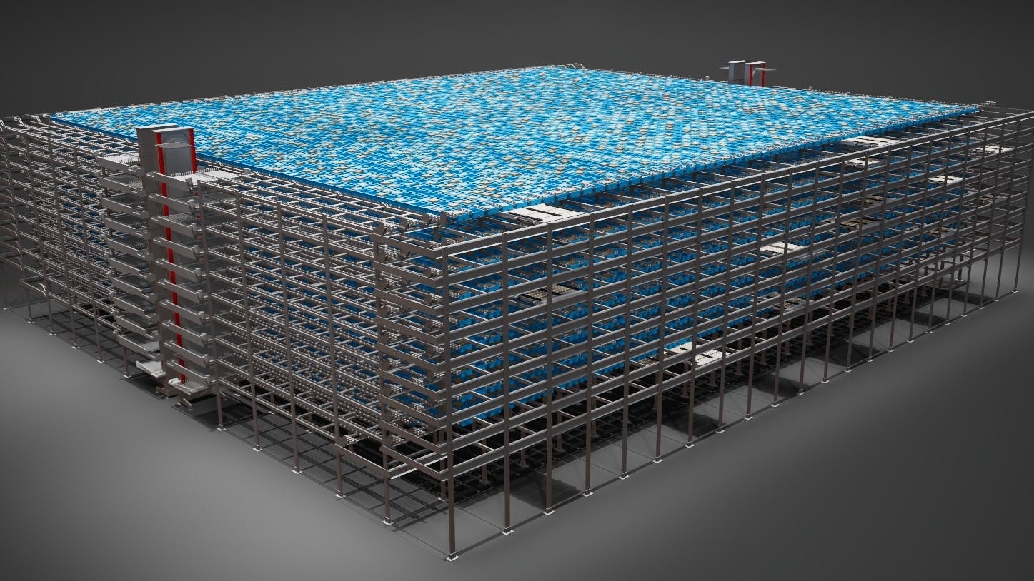 Freespace Robotics' dynamic storage cube as a high-rise system; illustration.