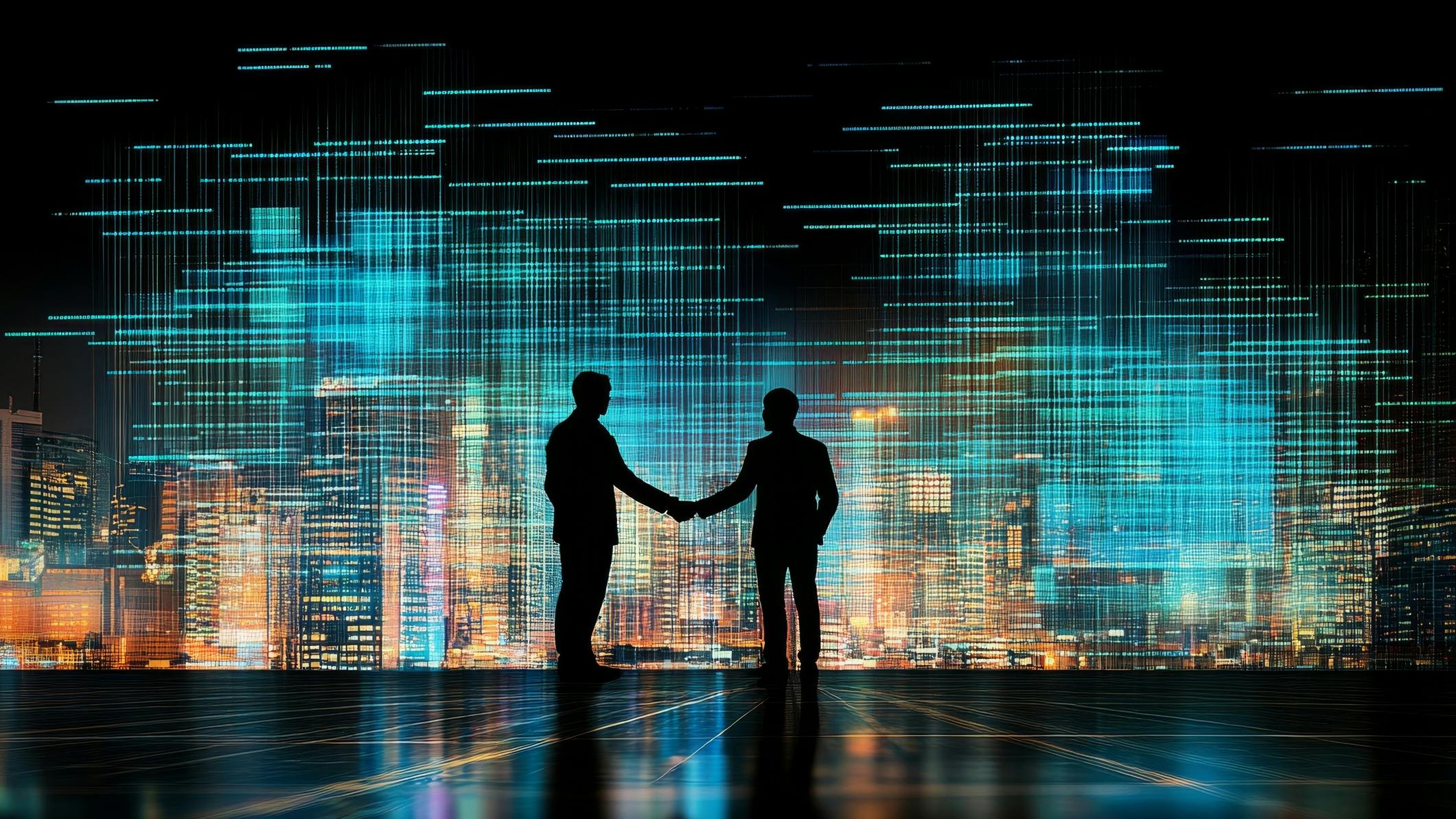A handshake between two businessmen in a high-tech blue setting symbolizes their digital partnership, highlighting trust and cooperation in the technology field. AI generated