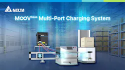 Delta Electronics' Moovbase Multiport charging system for AGVs, AMRs, and batteries. Delta Electronics' Moovbase Multiport charging system for AGVs, AMRs, and batteries.