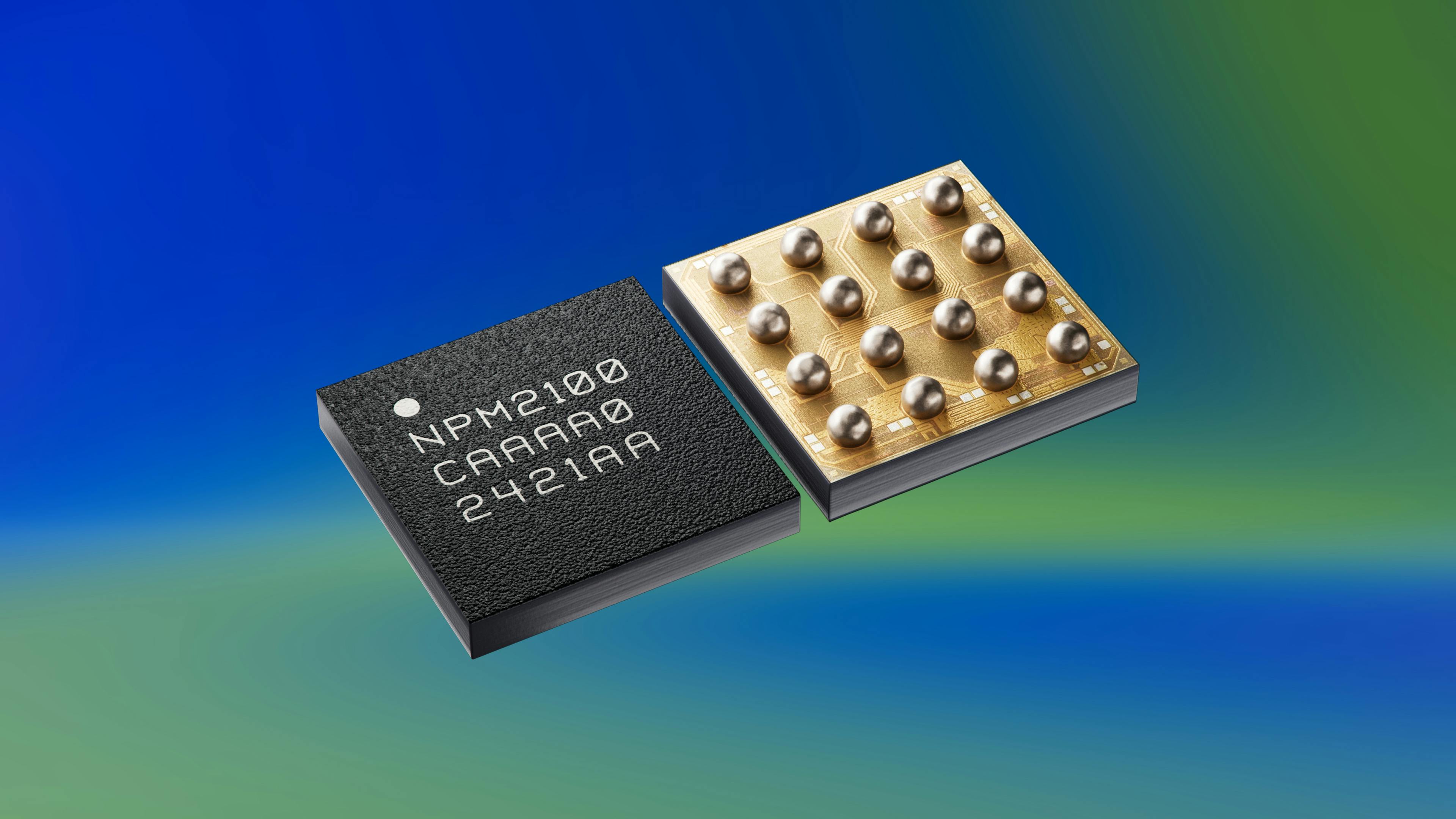Nordic Semiconductor, Inc.'s nPM2100 Power Management IC showing the front and back together on an abstract blue and green background.