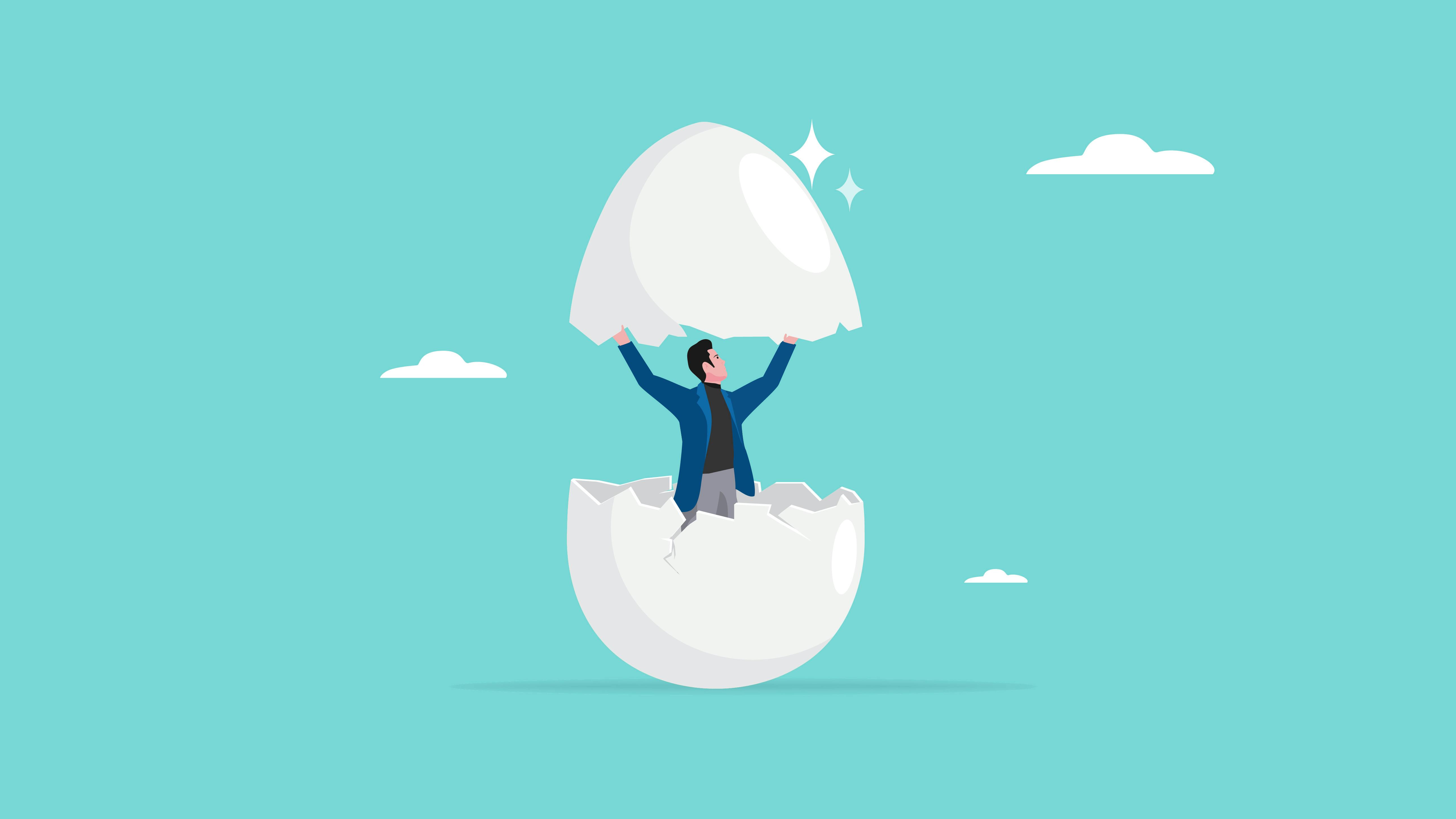 Illustration of man hatching out of white eggshell with a blue sky background and two clouds. A concept of 'firsts' or new.
