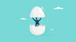Illustration of man hatching out of white eggshell with a blue sky background and two clouds. A concept of 'firsts' or new. Illustration of man hatching out of white eggshell with a blue sky background and two clouds. A concept of 'firsts' or new.