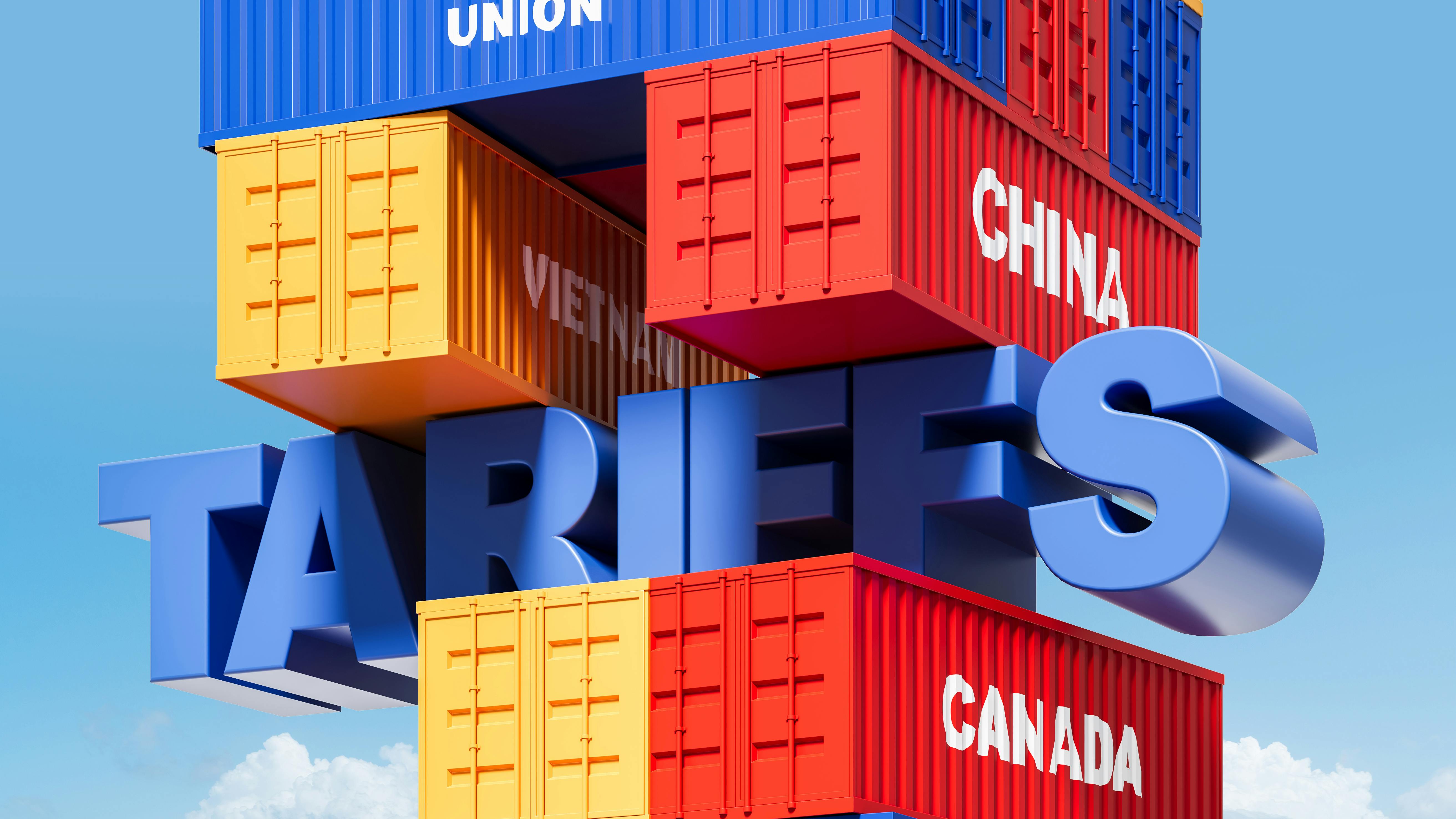Shipping containers labeled China, European Union, and Vietnam are stacked high like Jenga blocks against a blue sky. A large 'TARIFFS' label is wedged in the middle, symbolizing global trade pressure and instability.