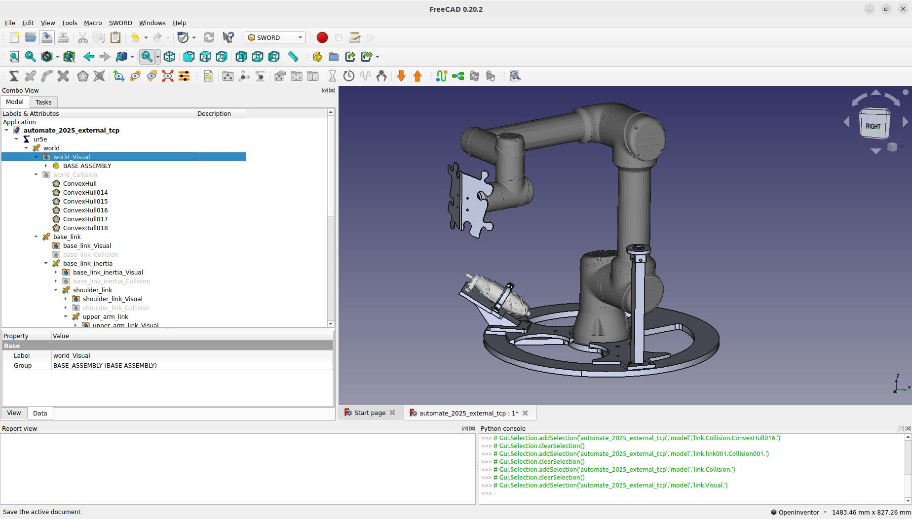 SWORD 3D model simulating how a robot interacts with a metal jigsaw puzzle piece.
