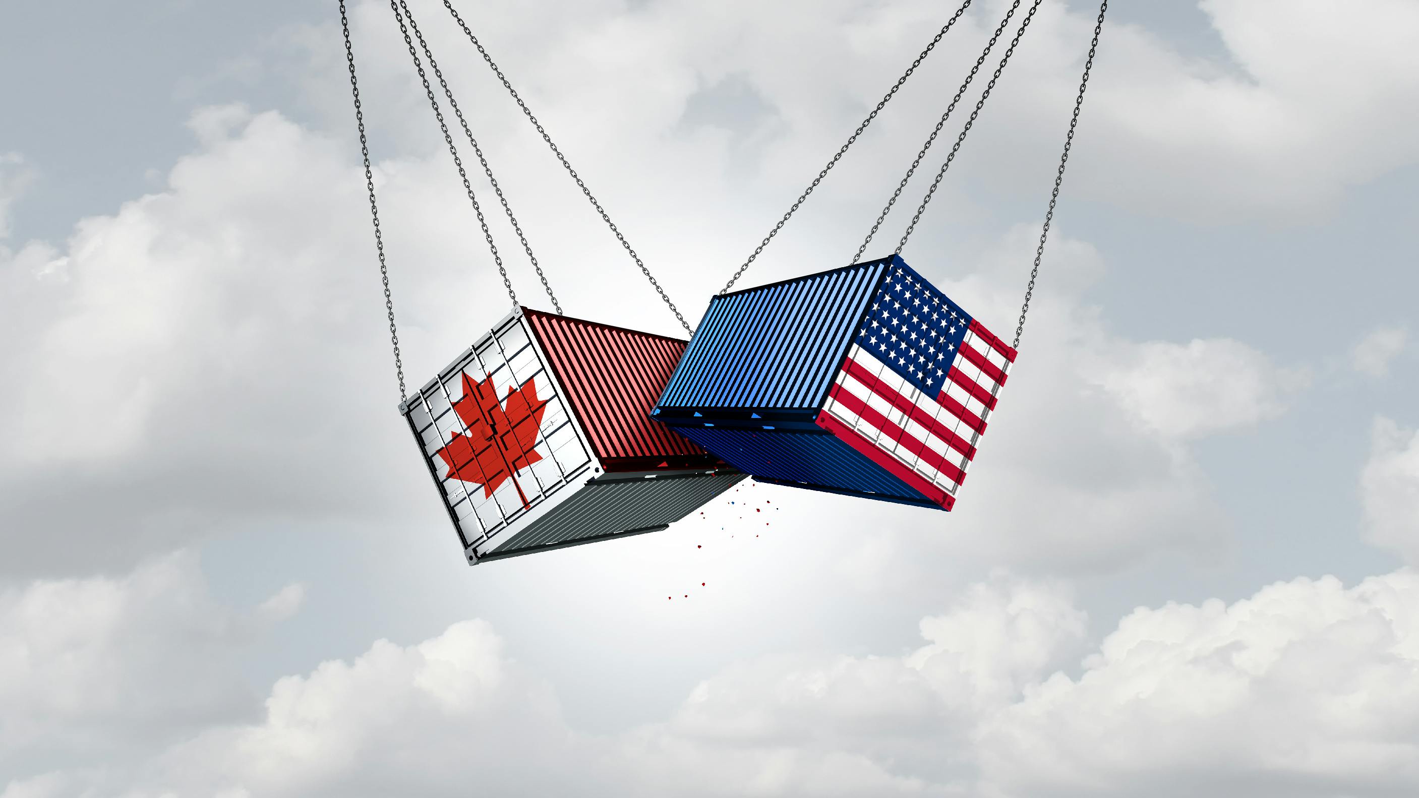 USA Canada Trade War concept with cargo containers hitting eachother