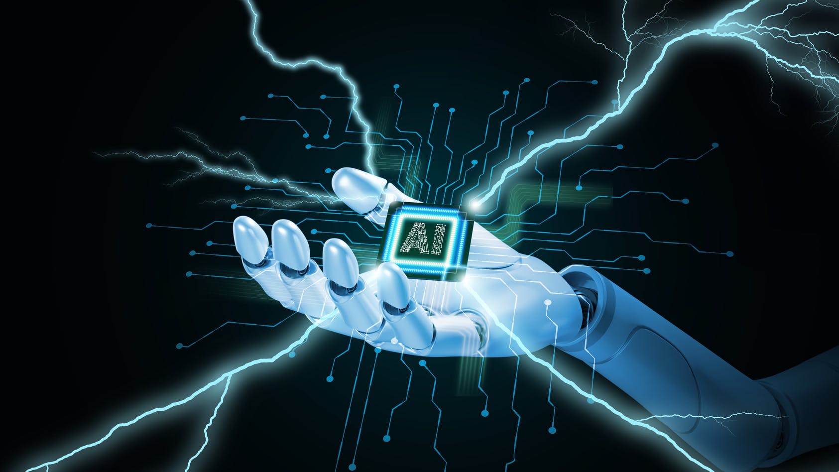 Computing power technology and performance concept. Super powerful CPU or microchip in the hand of a robot or AI, artificial intelligence, with lightning bolts, sparks of electricity.