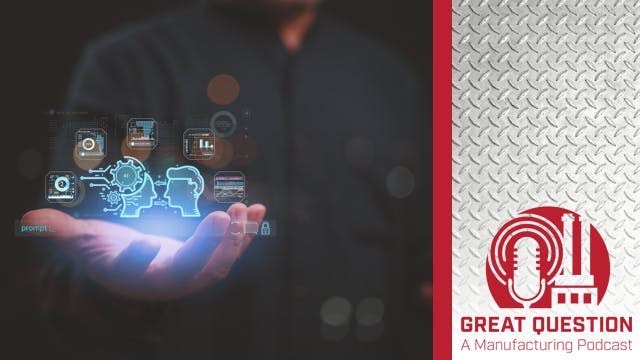 Business automation concept hologram held in man's hand with the Great Question: A Manufacturing Podcast logo