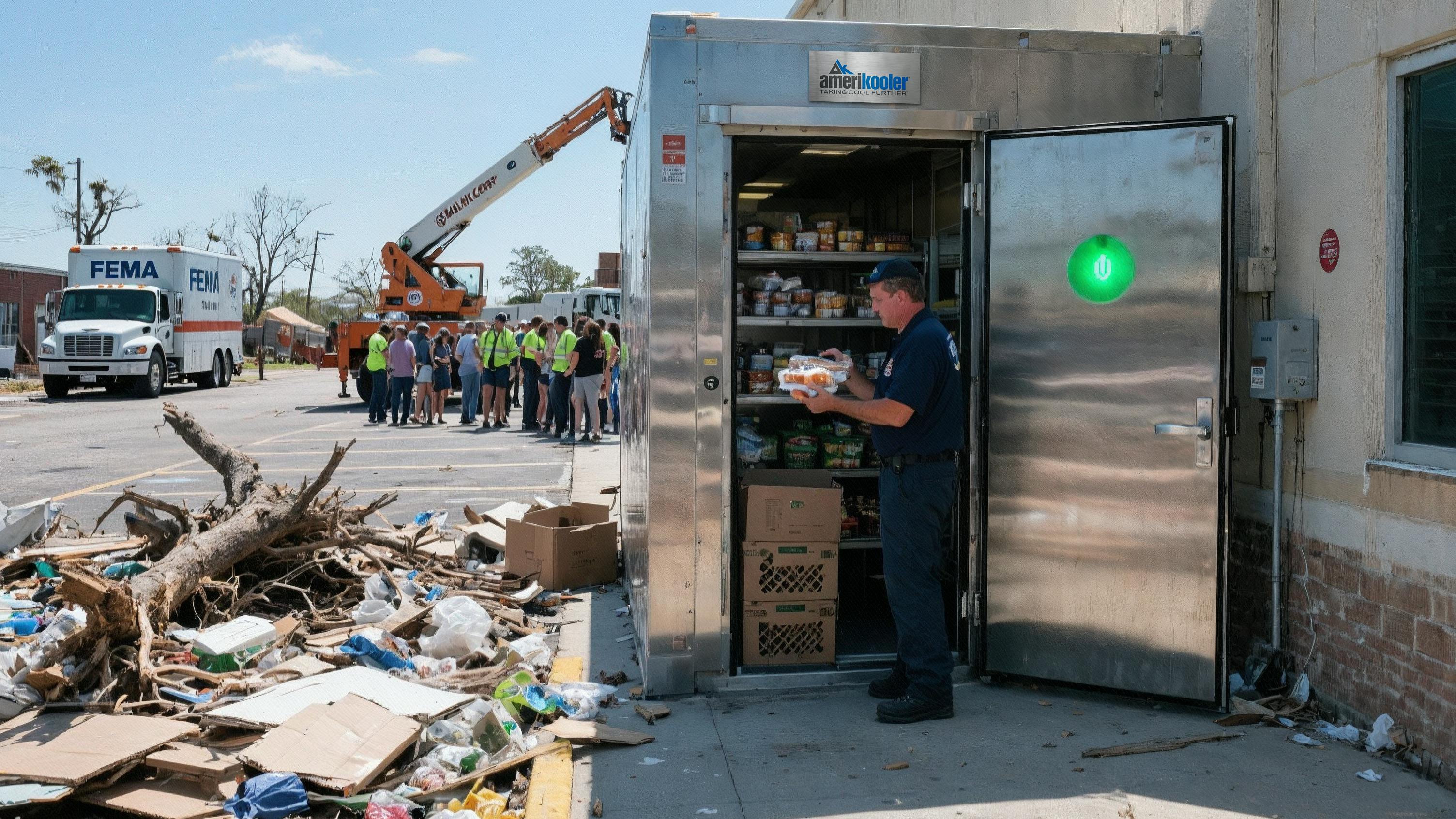 Worker accessing outdoor, large, stainless steel cold storage enclosure after natural disaster