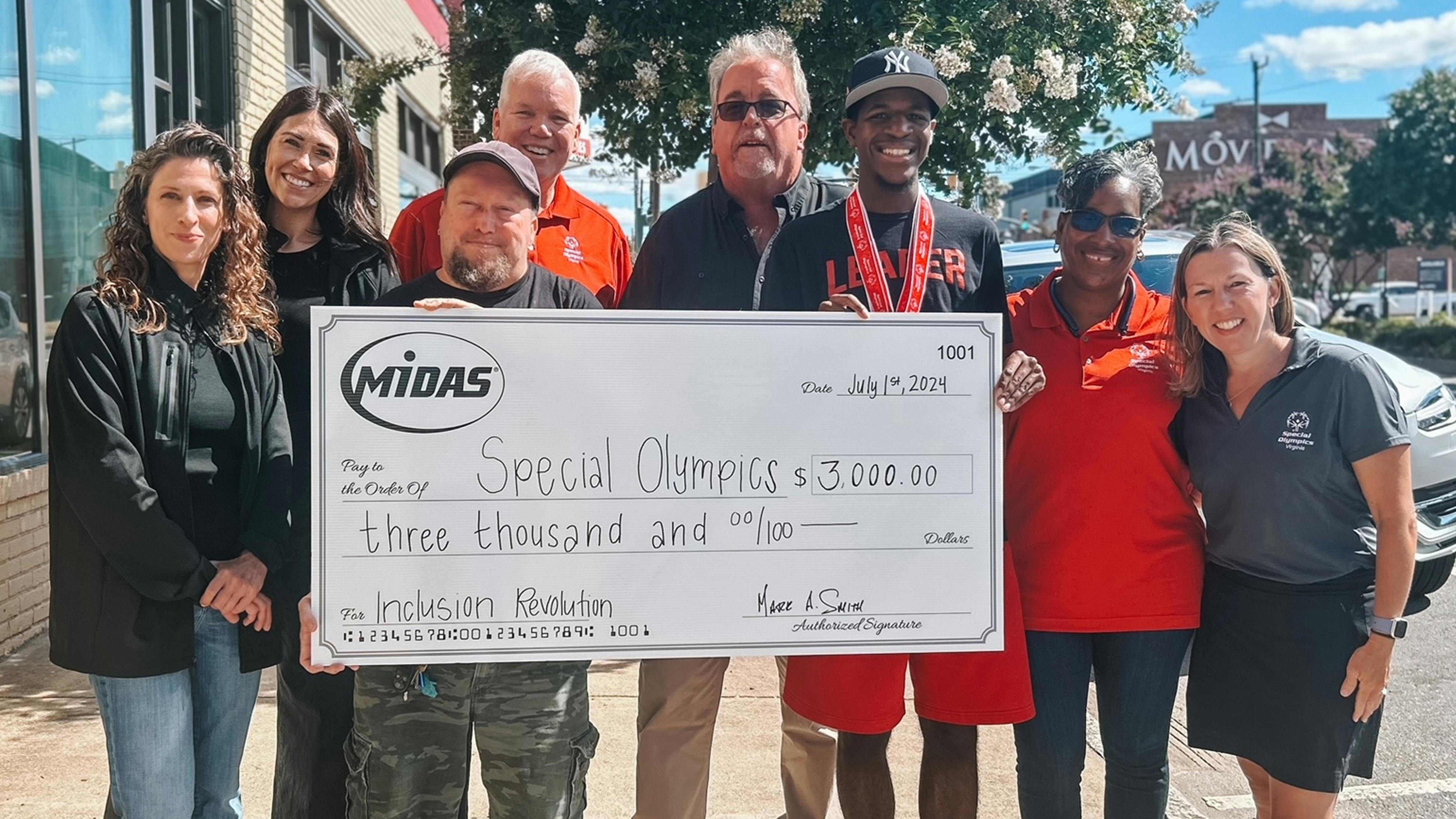 Back Row (L to R): David Thomason, President of Special Olympics Virginia and Mark Smith, Franchise Owner of Midas of Richmond Front Row (L to R): Dan&eacute;e Hudson, Development Manager, Midas of Richmond, Kaitie Fisher, Operations Manager, Midas of Richmond; James Tench, athlete; JP Mines, athlete; Pam Mines, Capital Area Region Director of Special Olympics; and Holly Claytor, Vice President, Development & Communications of Special Olympics Virginia