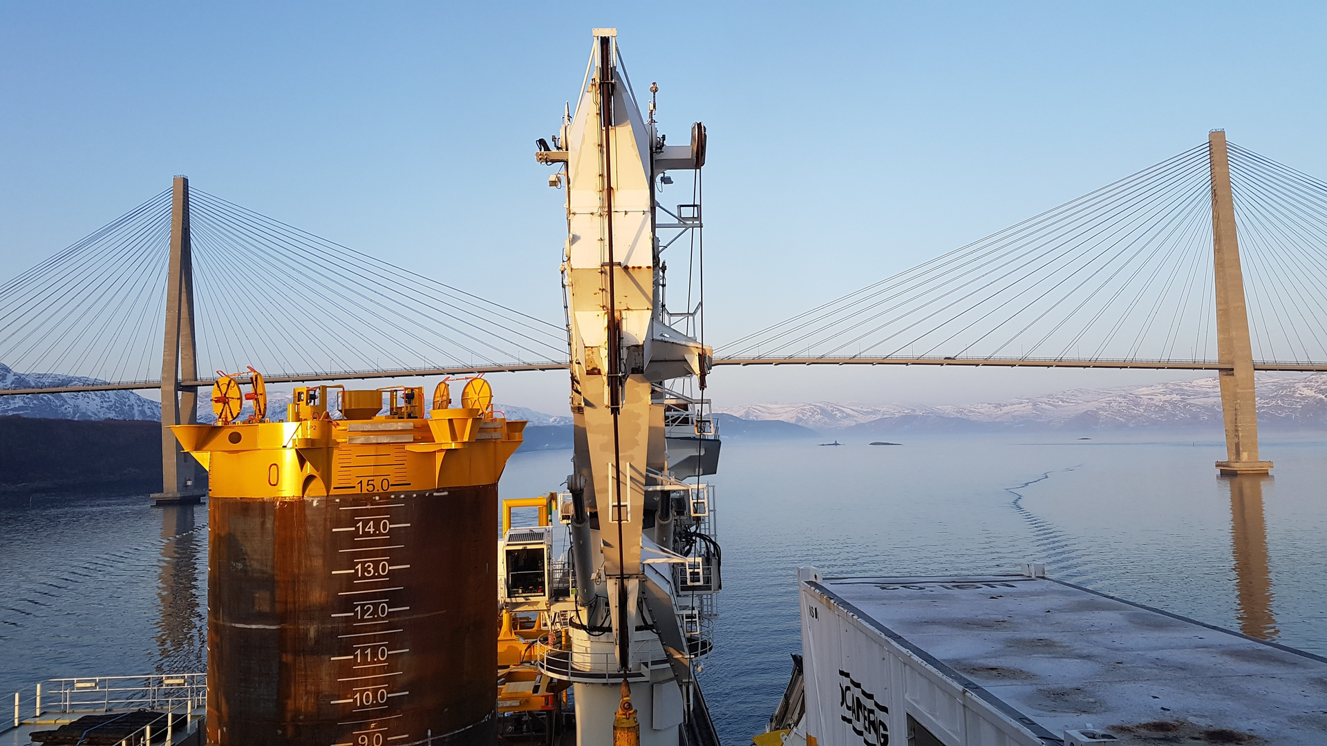 Equinor and partners started production from Snefrid Nord gas field. Shown are the suction anchor and template from Aker Solutions in Sandnessjoen passing Helgelandsbroen.