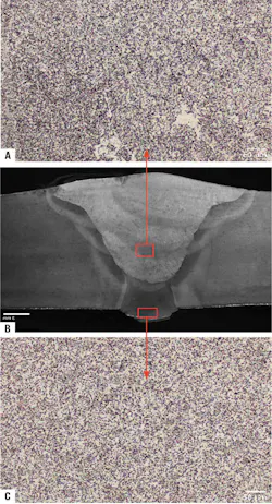 Metallography of various regions in the SMAW+FCAW-G weld shows a) low-hydrogen electrode microstructure, b) weld macrograph, and c) root microstructure (Fig. 5) Metallography of various regions in the SMAW+FCAW-G weld shows a) low-hydrogen electrode microstructure, b) weld macrograph, and c) root microstructure (Fig. 5)