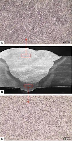 Metallography of various regions in the STT+FCAW-G weld shows a) fill pass microstructure, b) weld macrograph, and c) root electrode microstructure (Fig. 8) Metallography of various regions in the STT+FCAW-G weld shows a) fill pass microstructure, b) weld macrograph, and c) root electrode microstructure (Fig. 8)
