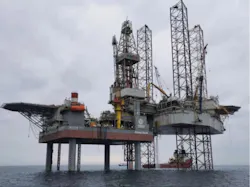 COSL’s Strike rig positioned over the self-elevating WZ12-8E wellhead platform. COSL’s Strike rig positioned over the self-elevating WZ12-8E wellhead platform.