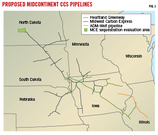Map of proposed midcontinent CCS pipelines.