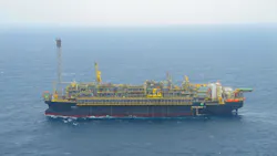 Anchored 200 km offshore Rio de Janeiro in water depth of 1,980 m, the P-77 floating production, storage, and offloading vessel (FPSO) processes up to 150,000 b/d of oil and 6 million cu m/day of gas from Búzios field in Brazil’s deepwater Santos basin presalt area. Anchored 200 km offshore Rio de Janeiro in water depth of 1,980 m, the P-77 floating production, storage, and offloading vessel (FPSO) processes up to 150,000 b/d of oil and 6 million cu m/day of gas from Búzios field in Brazil’s deepwater Santos basin presalt area.