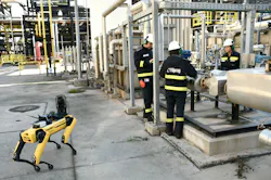 Spot is equipped with camera technology allowing it to collect color visuals and read analog gauges measuring pressure, flow, and temperature throughout the plant from afar (Fig. 3). Spot is equipped with camera technology allowing it to collect color visuals and read analog gauges measuring pressure, flow, and temperature throughout the plant from afar (Fig. 3).