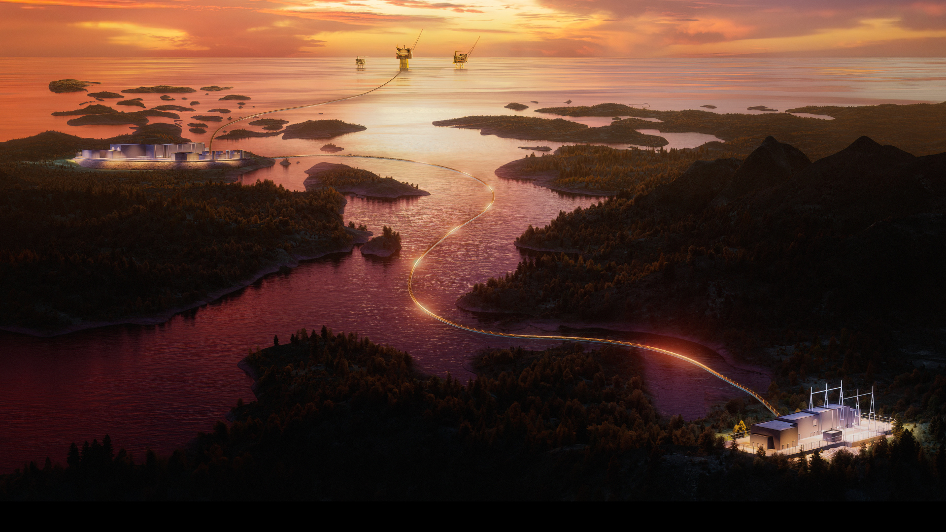 Illustration of Yggdrasil area platforms in the North Sea connected to the power grid in Samnanger in Vestland County, Norway.