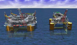 The comparison of the original planned Shell Vito structure (left) with the actual built structure (right) illustrates how the Vito development was downsized to meet modern cost expectations for deepwater developments (Fig. 2). The comparison of the original planned Shell Vito structure (left) with the actual built structure (right) illustrates how the Vito development was downsized to meet modern cost expectations for deepwater developments (Fig. 2).