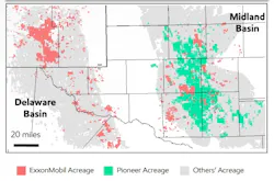 ExxonMobil and Pioneer Natural Resources Permian basin acreage map. ExxonMobil and Pioneer Natural Resources Permian basin acreage map.