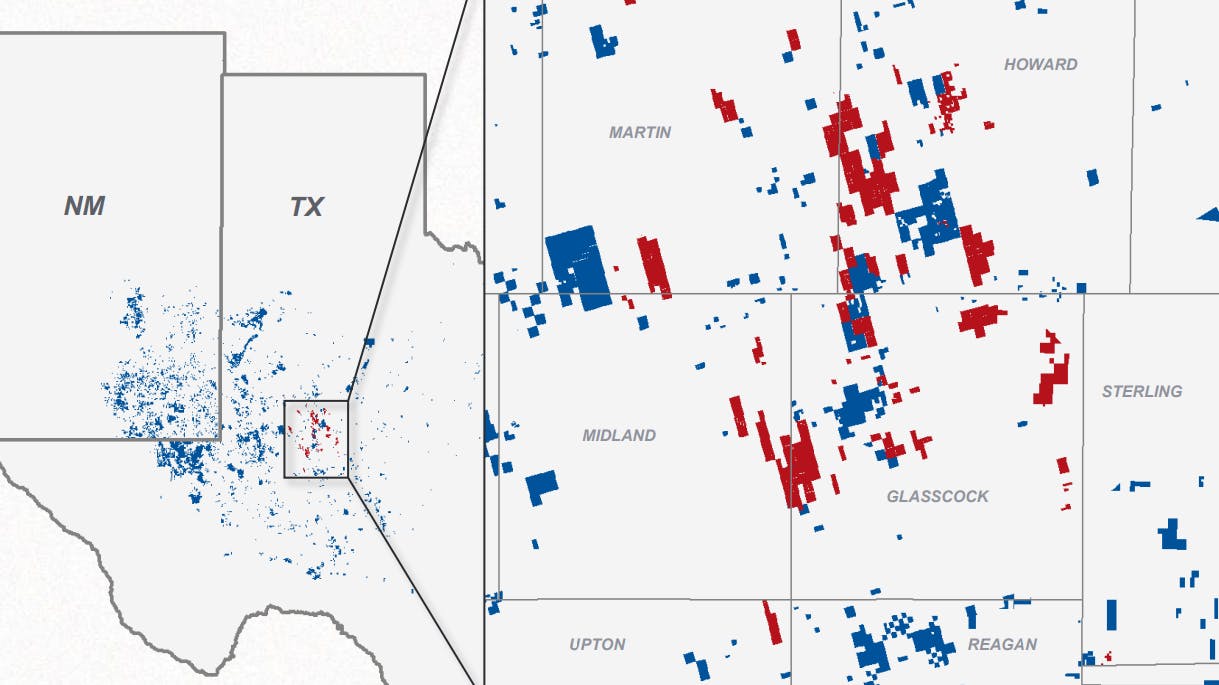 CrownRock's operations in the Permian basin (in red) alongside those of Occidental.