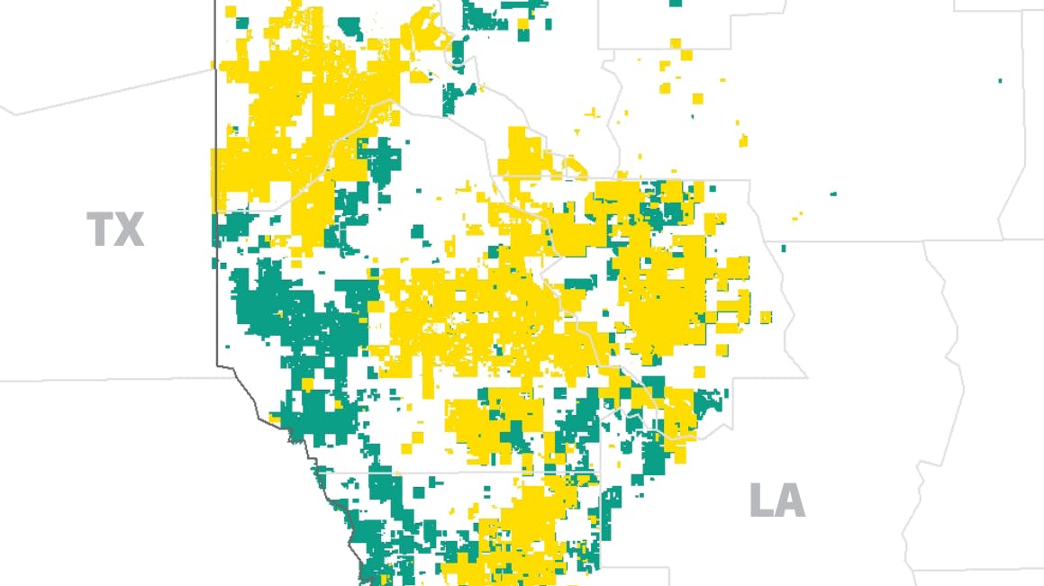 Chesapeake (yellow) and Southwestern own a combined 650,000 acres in the Haynesville Basin.