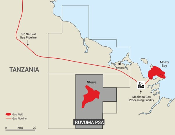 Ruvuma PSA map, onshore Tanzania.