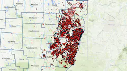 A screenshot from an interactive tool on the Ohio Department of Natural Resources website shows the oil and gas wells active across the Utica basin. A screenshot from an interactive tool on the Ohio Department of Natural Resources website shows the oil and gas wells active across the Utica basin.