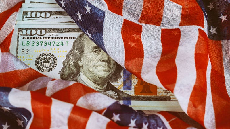 US flag, US currency