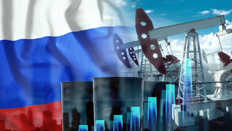 Image of the Russian flag, oil pump, oil barrels, graphs