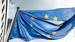 EU flag on sky background EU flag on sky background